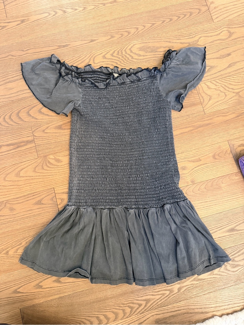 ASOS Smocked Off-Shoulder Dress in Charcoal Gray